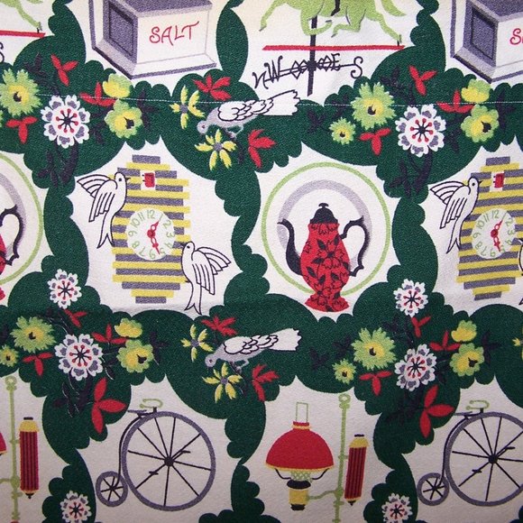 2 Panels 1950s Bark Cloth - Weathervane Salt Container Birds Clock Teapot Flower - Picture 3 of 5